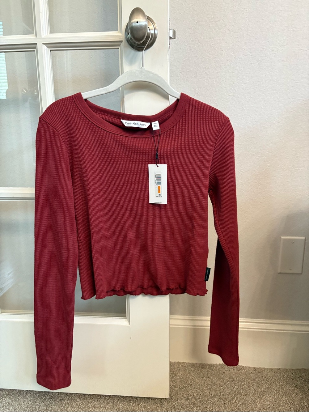 Calvin Klein Women's Burgundy Ribbed Long-Sleeve Crop Top
